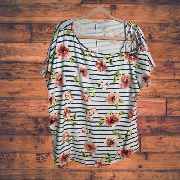 5 for $25🔥ChicSoul Striped Floral Braided Shoulder Short Sleeve T-Shirt 3X - Picture 1 of 5